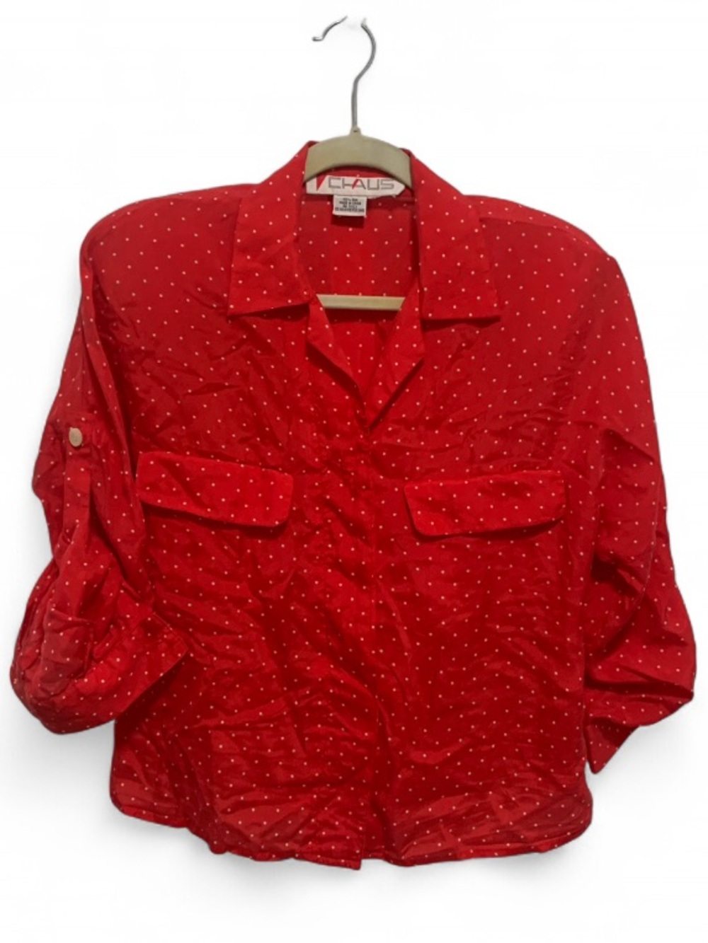 Vintage Chaus Silk Red Polka Dot Boxy Long Sleeve Button-Down Shirt